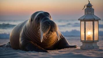 A walrus resting on a beach beside a lantern at sunset. photo
