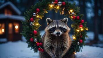 A raccoon sits in a festive wreath adorned with lights and ornaments in a snowy setting. photo