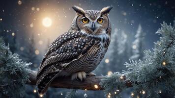 A majestic owl perched on a branch in a snowy forest at night, illuminated by moonlight. photo
