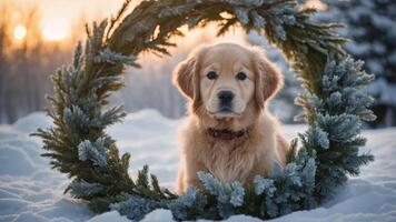 A golden retriever sits in a snowy landscape framed by a green wreath. photo