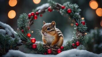 A chipmunk poses in a festive wreath adorned with red berries and greenery in a snowy setting. photo