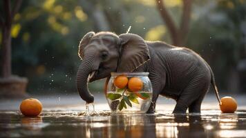 A playful elephant splashes in water, surrounded by oranges and a glass jar. photo
