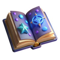 unforgettable futuristic Single open spell book, glowing pages, magical symbols, NO BACKGROUND with Transparent Background. fine detail png