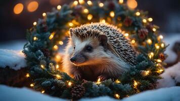 A hedgehog nestled in a festive wreath adorned with lights in a snowy setting. photo