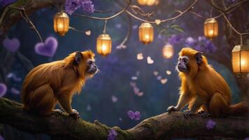 Two monkeys sit on a branch under lanterns and hearts in a whimsical forest setting. photo