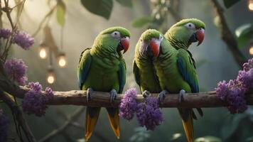 Three vibrant green parrots perched on a branch surrounded by flowers and soft lighting. photo