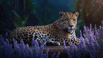 A serene leopard rests among vibrant purple flowers in a lush, moody environment. photo