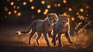 Two playful cheetah cubs walking together in a sunlit environment with a bokeh background. photo