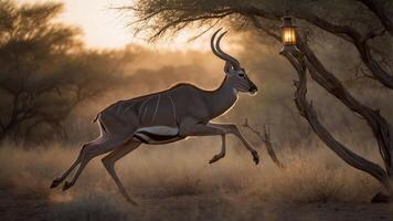 A kudu leaps gracefully in a sunlit landscape, next to a lantern on a tree. photo