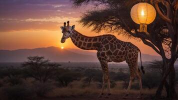 A giraffe stands near a tree at sunset, illuminated by a lantern, showcasing a serene landscape. photo