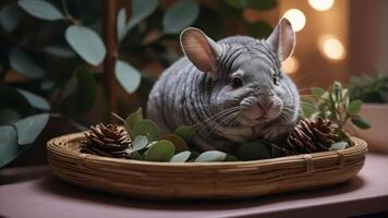 A cute gray chinchilla resting in a basket with pinecones and greenery. photo