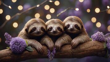 Three sloths resting on a branch surrounded by flowers and soft lights. photo