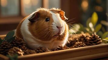 A cute guinea pig resting among pine cones in a cozy setting. photo