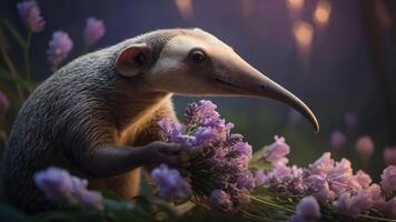 A cute anteater interacting with vibrant flowers in a serene setting. photo