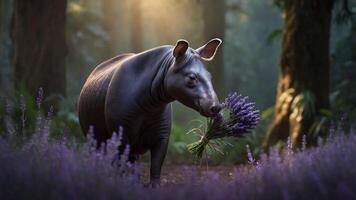 A tapir in a lush forest holding lavender, surrounded by vibrant flowers and soft light. photo