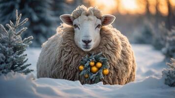 A fluffy sheep adorned with ornaments sits in a snowy landscape during sunset. photo