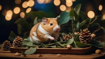 A cute hamster sitting on leaves and pine cones, surrounded by soft bokeh lights. photo