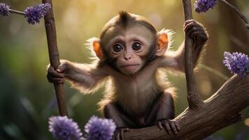 A young monkey hanging on a branch surrounded by flowers, evoking curiosity and playfulness. photo