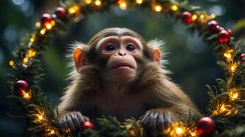 A monkey peeks through a festive wreath adorned with lights and ornaments. photo