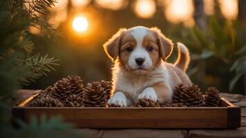 A cute puppy surrounded by pinecones at sunset, creating a warm, inviting atmosphere. photo