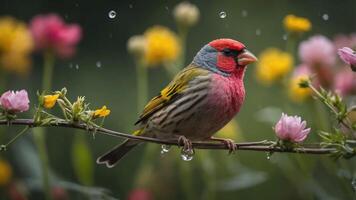 A colorful bird perched on a branch amidst blooming flowers in a serene environment. photo