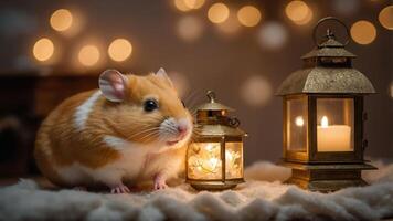 A cute hamster sits beside lanterns, creating a cozy atmosphere with soft lighting. photo