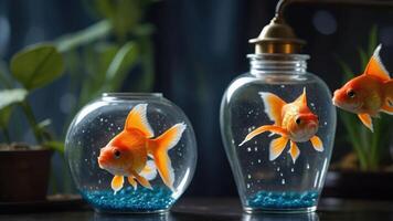 Two glass fish bowls with goldfish and decorative pebbles, set in a serene environment. photo