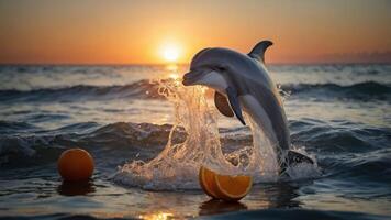 A dolphin leaps from the ocean at sunset, surrounded by oranges on the water's surface. photo
