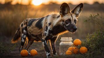 A wild dog curiously inspects oranges near a jar during sunset in a natural setting. photo
