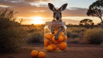 A kangaroo playfully sits in a jar filled with oranges at sunset in a natural landscape. photo