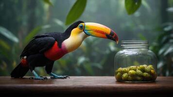 A colorful toucan stands beside a jar of green fruits in a lush, misty forest setting. photo