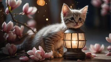 A kitten sitting beside a lantern, surrounded by blooming flowers in a cozy setting. photo