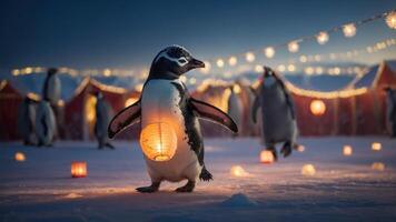 A penguin carrying a lantern amidst festive lights in a snowy landscape. photo
