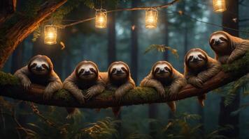 A cozy scene featuring six sloths hanging on a branch under glowing lanterns in a forest. photo