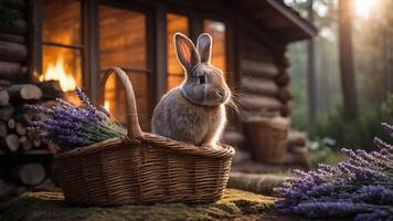 A rabbit sits in a basket surrounded by lavender near a cozy cabin in a forest setting. photo