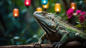 A green iguana resting on a branch with colorful lights and flowers in the background. photo