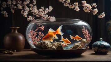 A serene fishbowl with goldfish and cherry blossoms, creating a tranquil atmosphere. photo