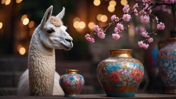 A llama beside decorative vases and cherry blossoms, creating a serene atmosphere. photo