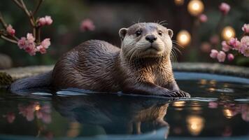 A serene otter resting in a tranquil pond surrounded by blossoms and soft lighting. photo