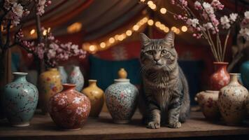 A cat sits among decorative vases and cherry blossom branches in a cozy setting. photo