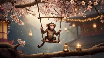 A playful monkey swings on a branch adorned with cherry blossoms and lanterns. photo