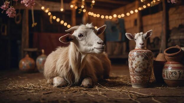 A serene scene featuring a goat and a kid in a rustic setting with decorative pottery. photo