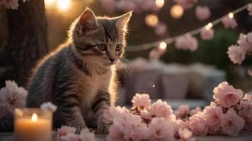 A serene kitten surrounded by cherry blossoms and a candle, capturing a peaceful moment. photo
