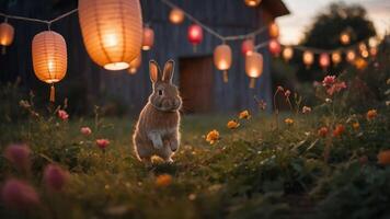 A playful rabbit in a flower-filled garden illuminated by lanterns at sunset. photo