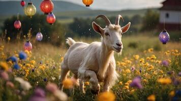 A playful goat frolics in a vibrant flower field adorned with colorful lanterns. photo