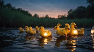 A serene scene of ducklings floating with glowing lanterns at dusk. photo