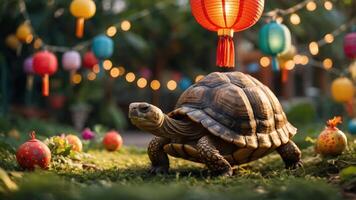 A tortoise in a festive garden with lanterns and decorations. photo