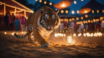 A majestic tiger walks through a festive setting with lanterns and people in the background. photo