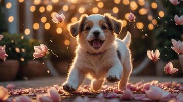 A joyful puppy running through petals with a dreamy background of lights. photo
