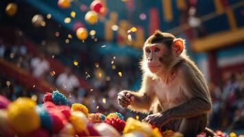 A monkey interacts playfully with colorful pom-poms in a lively setting. photo